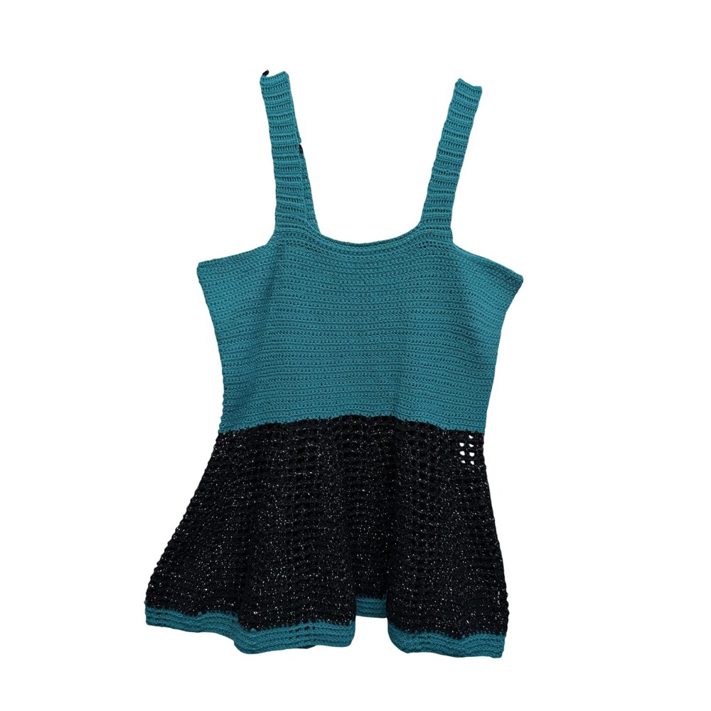 Handmade Crochet Cami Tank Top Teal Black Metallic Shimmer Peplum Mermaidcore